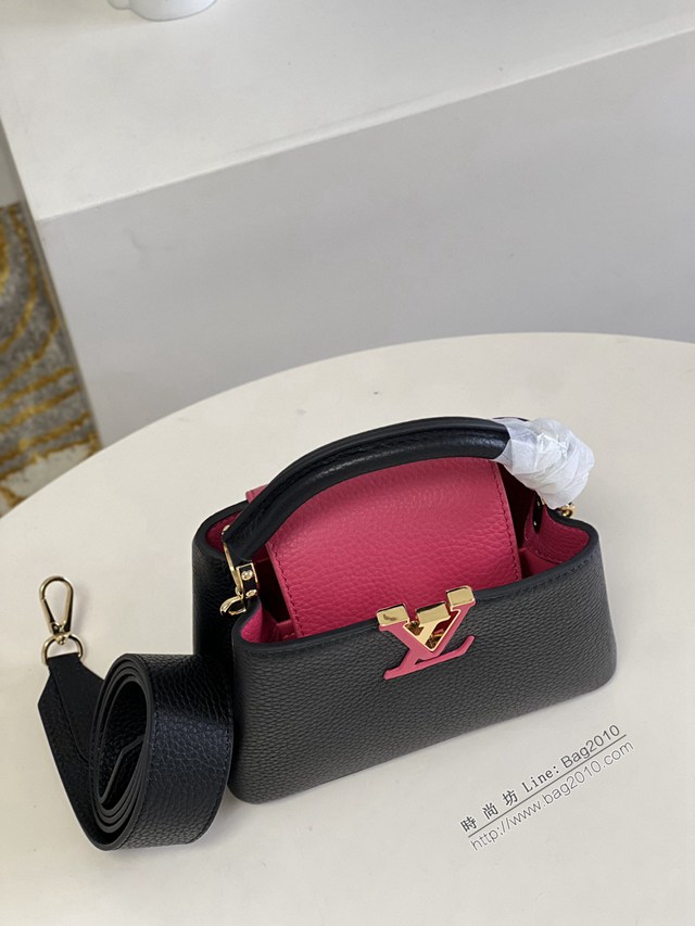 LV專櫃2023新款Capucines迷你手袋 M59882黑拼玫 路易威登黑色小牛皮手提肩背包 dn1353